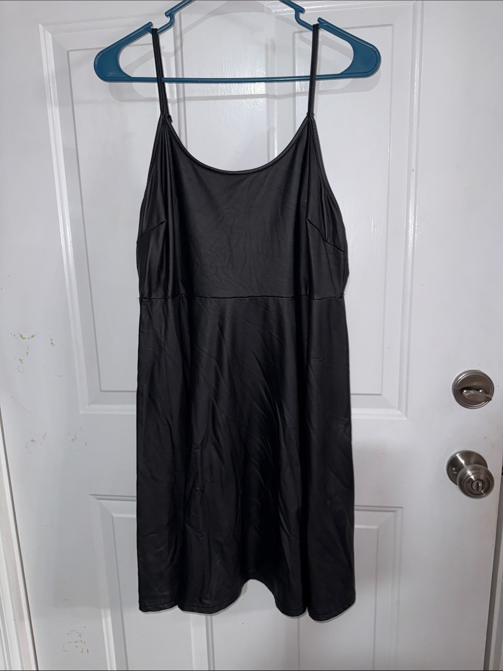 Simple Black Faux Leather Dress - Spaghetti Straps